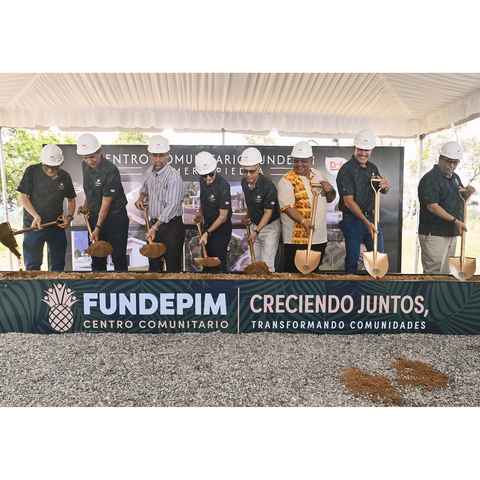 original Dole Food Company today announced the groundbreaking of the new Foundation for the Development of the Montecristo Pineapple Sector (FUNDEPIM) Community Center in El Porvenir, Honduras, near La Ceiba. Left to right in the picture above: José Monroy - Director of Production and Administration of Pineapples at AGROPOR-Dole; Renieri Núñez - Vice President of Pineapples in Latin America; Gustavo Peralta - President of the Association of Workers' Companies in Montecristo; Renato Acuña - President of Dole Fresh Fruit; Dr. Roberto Young - Scientific Director of Pineapples and Principal Scientist for the development of the Colada Royale; Fernando Gómez - Mayor of the municipality of El Porvenir; Brennon Neff - Vice President of Pineapples in North America; Fernando Molina - Agriculture Manager at AGROPOR-DOLE Montecristo Farm and Assistant Scientist for the Development of Colada Royale.