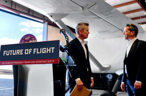 original Reliable Robotics CEO and Co-Founder Robert Rose speaks with Department of Transportation Secretary Sean P. Duffy about the company’s first-of-its-kind aviation autonomy technology. Photo by Campbell Bishop.