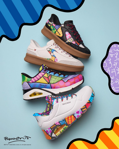 thumbnail Step into wearable art. The limited-edition Skechers x Britto capsule of footwear, apparel and accessories is available now at Skechers.com and select Skechers retail stores worldwide.