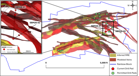 original Figure 1. Map and inset of drill hole traces of SBM26-01 and SBM26-02 with surface projections of modeled veins and the inferred Mineral Resource Estimate.