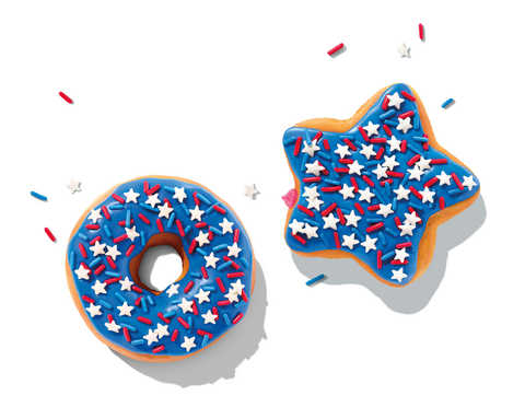 thumbnail Dunkin’ brings a patriotic twist to the bakery case with the Rocket Pop Donut, Stars & Stripes Donut and MUNCHKINS® Donut Hole Treats – all topped with festive red, white and blue sprinkles.
