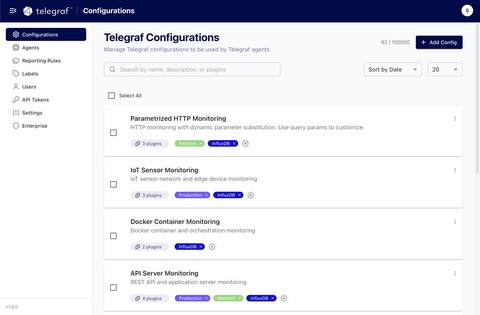 Telegraf Controller centralizes configuration management, enabling teams to create, organize, and update Telegraf configurations consistently across large agent fleets.