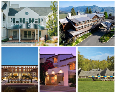Canoe Place Inn (upper left); Sun Mountain Lodge (upper right); UCLA Meyer and Renee Luskin Conference Center (bottom left); The Inn at UCLA (bottom middle); and UCLA Lake Arrowhead Lodge (bottom right).