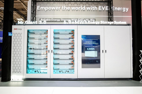 original EVE Energy showcases its Mr. Giant 3.0 6.9+ MWh energy storage system at The Smarter E Europe 2026 in Munich, Germany