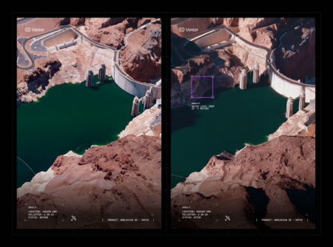 original WorldView™ 3D includes a Rapid product designed for time-sensitive missions where terrain conditions can change quickly, delivering updated 3D terrain with 50 cm-class resolution and 4 m accuracy within 24 hours of image collection. This graphic includes a WorldView 3D Rapid image of the Hoover Dam collected on June 28, 2026, showing reduced water levels compared to the 3D terrain from a few years prior.