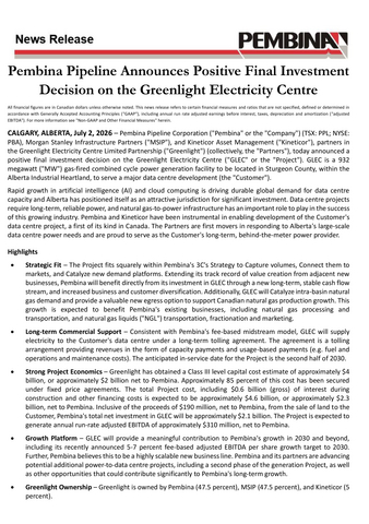original Pembina Pipeline Announces Positive Final Investment Decision on the Greenlight Electricity Centre