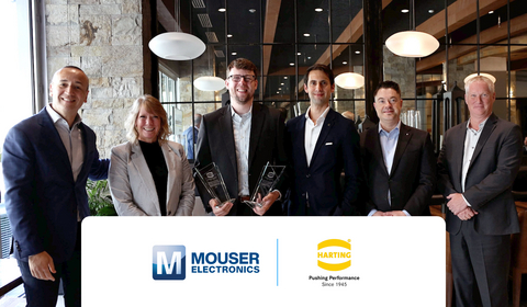 Representatives from HARTING present the Mouser team with the 2025 Global High Service Distributor of the Year Award and the Distinguished Award for New Product Sales Growth.