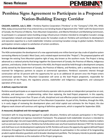 original Pembina Signs Agreement to Participate in a Proposed Nation-Building Energy Corridor