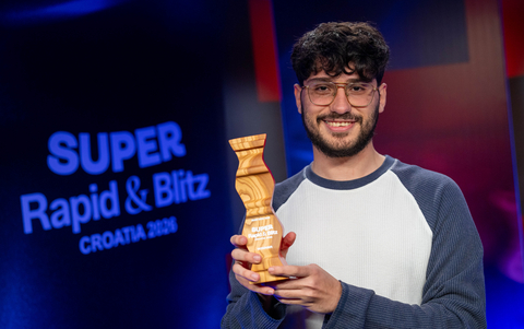 original Grandmaster Alireza Firouzja celebrates his Super Rapid & Blitz Croatia 2026 victory after the first playoff in Grand Chess Tour history.