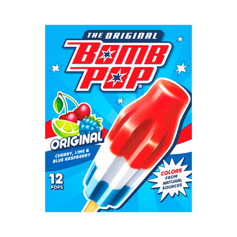 original Bomb Pop Classic Red, White & Blue features cherry, lime, and blue raspberry flavors in the iconic rocket-shaped pop made with colors from natural sources