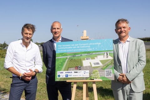 Breaking the ground of the EAGLE-1 Optical Ground Station, Municipality of Noordwijk, the Netherlands. Pictured left to right: Pim van Strien, Alderman for the Municipality of Noordwijk; Rob Postma, President and Managing Director, Airbus Netherlands; Alan Kuresevic, Managing Director, SES Techcom, SES.