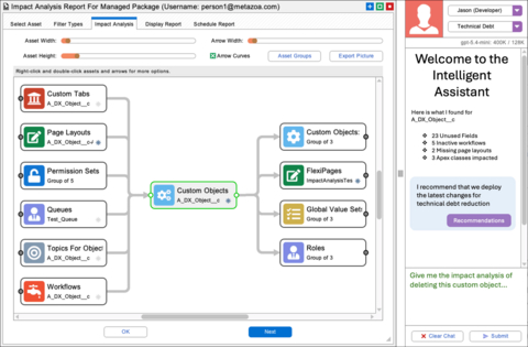 original Screenshot of Metazoa Snapshot’s Org Intelligence Server showing AI-powered Impact Analysis with condensed Salesforce org intelligence available to the Intelligent Assistant, Salesforce DX CLI, and Agentforce Actions.