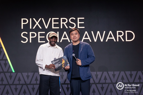 original Jaden Xie, Co-Founder and President of PixVerse, and Saif Eldin Hamza, co-director of Another Day, at the award ceremony for the PixVerse Special Prize at the UN AI for Good Film Festival held in Geneva, Switzerland, on July 9, 2026.