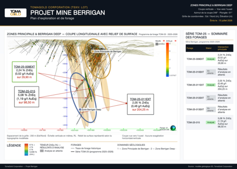 original Figure 1 : Coupe longitudinale de la zone Berrigan Deep montrant le sondage TOM-25-009EXT