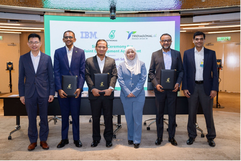 original Signing ceremony for the third TriCipta AI Joint Development Agreement, attended by executives from Tridiagonal.ai (T.AI), PETRONAS Carigali, and IBM Malaysia.