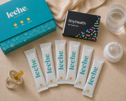 original Leche's donor breast milk sachets alongside Tiny Health's Gut Health Test, the tools families will use as part of the new joint study. Leche is 100% human donor breast milk powder from medically screened donors, triple-tested at every stage for safety and quality, processed in an FDA-registered facility following GMP guidelines. Each convenient 8g sachet reconstitutes into 2oz of breast milk, making it easier and safer to access donor milk.