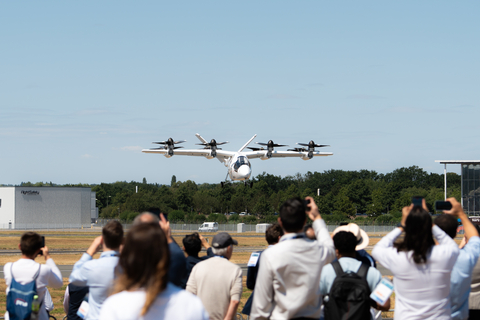 Simon Davies, Vertical's Chief Test Pilot, flies the first eVTOL transition flight at Farnborough International Airshow