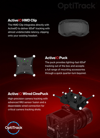 original OptiTrack ActiveIO products, including the HMD Clip, Puck, and Wired CinePuck, deliver flexible 6DoF tracking for VR/XR headsets, cameras, props, and rigid bodies in demanding real-time production environments.
