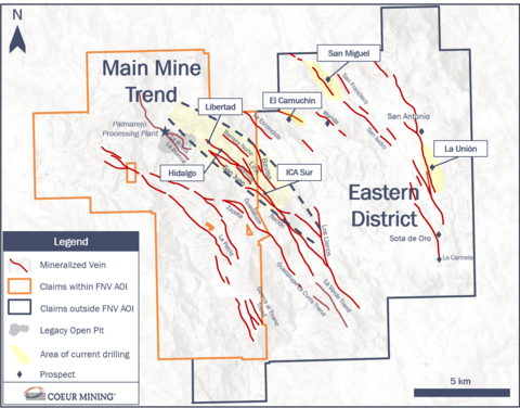 Figure 1. Map of Palmarejo Main Mine Trend and Eastern District showing major vein trends