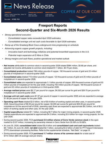 original Freeport Reports Second-Quarter and Six-Month 2026 Results
