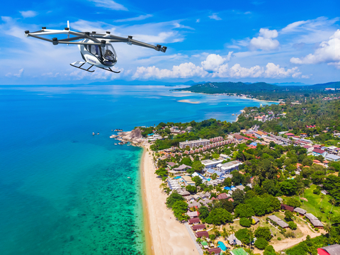 Rendering of the SKYDRIVE (SkyDrive model SD-05) flying over Ko Samui