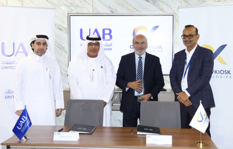 original Leaders from UAB and QualityKiosk Technologies at the signing of a strategic partnership to establish UAB's enterprise-wide Testing Center of Excellence (TCoE). Pictured (from left to right): Mohammed Al Hammadi, Head of Procurement, UAB; Dr. Abdulla Altaee, Chief Operating Officer, UAB; S V Padmanabhan, Chief Information Officer, UAB; and Maneesh Jhawar, CEO, QualityKiosk Technologies.