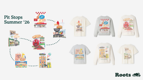 original Roots Limited-Edition Pit Stops Summer '26 drop, featuring six of Canada’s most beloved roadside destinations: Webers, Duffin's Donuts, The Big Apple, La Banquise, COWS, St-Viateur Bagel.
