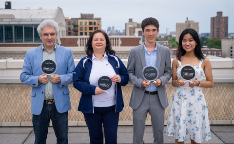 The winners of the 2026 U.S. National Championships pose at the awards ceremony at the Saint Louis Chess Club. From left are GM Vladimir Akopian, 2026 U.S. Senior Champion; WGM Anjelina Belakovskaia, 2026 U.S. Women's Senior Champion; Andy Woodward, 2026 U.S. Junior Champion; and Zoey Tang, 2026 U.S. Girls' Junior Champion.