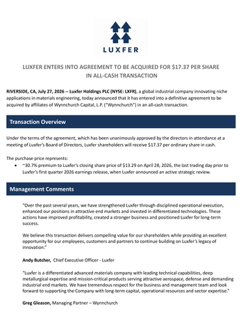 original Luxfer Transaction Announcement
