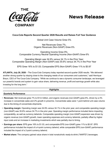 original Coca-Cola second quarter 2026 full earnings release