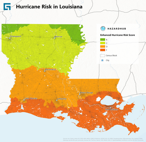 original Hurricane risk in Louisiana based on HazardHub enhanced hurricane risk scores.