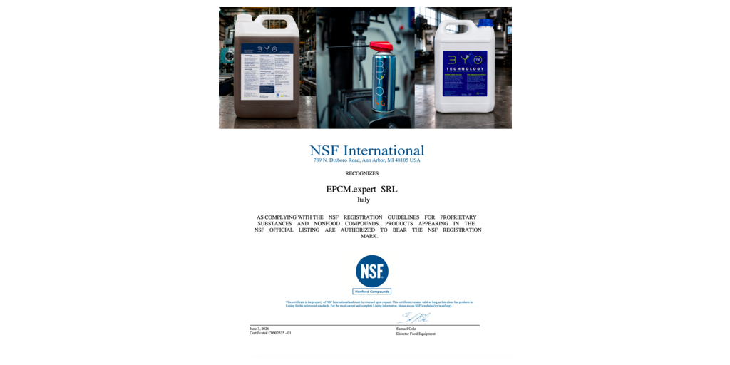 Tre registrazioni NSF H1 aprono a 3YO Technology® i mercati alimentare e farmaceutico