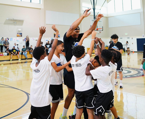 Russell Westbrook with campers at his annual Russell Westbrook Why Not? Foundation basketball camp