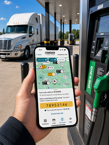 original Comdata Pay Codes shown on mobile device next to fuel pump