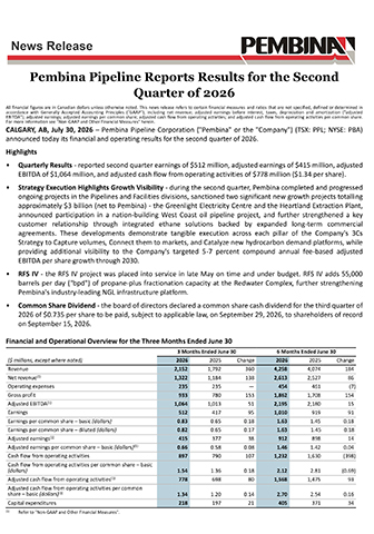 original Pembina Pipeline Reports Results for the Second Quarter of 2026