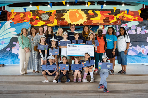 original Fortitude Re's COO and EdArts Board Member Sean Coyle presents a $200,000 check to EdArts. The presentation was held during Camp Liberty's final performance for parents and community members.
