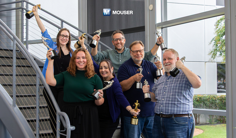 Mouser Marketing Communications team members Katy Cole, Kara Erwin, Heidi Elliott, Brendan Smith, David Fambrough, and Erik Smith with the Telly Awards for exemplary branded content.