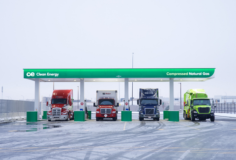 original Trucks and refuse vehicles fueling at Clean Energy Tourmaline station in Calgary.