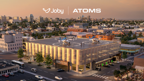 Concept of a next-generation Atoms-Joby vertiport, designed as a multimodal hub connecting electric air taxis, autonomous vehicles, ridesharing, and on-site charging. (Credit: Atoms & Joby Aviation)