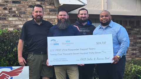 original Army veteran Robert Bray, third from left, and Michael Colston, right, of Bonvenu Bank, with supporters outside Mr. Bray’s home where major repairs were completed with a $24,737 HAVEN grant from FHLB Dallas, provided through Bonvenu Bank.