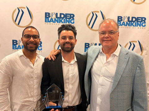 original Akash Desai, Chief Product Officer; Tyllen Bicakcic, Co-Founder and CEO; and Scott Geary, Chief Revenue Officer, of Payman AI accept the ICBA ThinkTECH Accelerator Banker's Choice Award at the ThinkTECH Showcase
