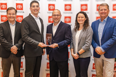 Toyota North America honored Ryder with the “Manufacturing Carrier of the Year” award for outstanding performance in inbound transportation during Toyota’s 2025 Annual Supplier Conference in Plano, Texas. Pictured left to right: Brad Jorgenson, Toyota General Manager of Supply Chain; Frank Bateman, Ryder Vice President of Supply Chain Solutions; Bradley Hamilton, Ryder Group Director of Customer Logistics; Andria Anderson, Toyota General Manager of Purchasing; Steve Brown, Toyota Vice President Supply Chain Planning.