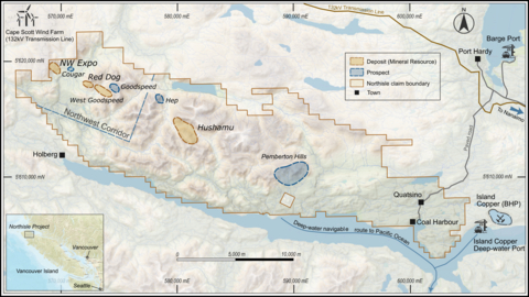 original Figure 1: North Island Project Showing Location of Deposits and Prospects. Coordinates are reported in UTM Zone 9 North (NAD83 CRS, VD CVG28BC) with units in metres.