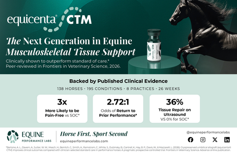 original A single injection of equicenta® CTM improved lameness, pain, and swelling greater than clinician-selected standard of care and nearly tripled the odds of horses returning to their prior level of performance, according to a study published in Frontiers in Veterinary Science.