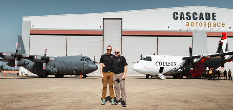 Britton Coulson, left, and Wayne Coulson stand in front of one of 10 former Royal Canadian Air Force CC-130H Hercules aircraft recently acquired by Coulson Aviation from the Government of Canada. At right is a Coulson C-130H outfitted for aerial firefighting with the company’s proprietary RADS-XXL retardant delivery system, capable of carrying up to 4,000 U.S. gallons, or more than 15,000 litres, of water or fire retardant. The acquisition doubles Coulson’s global C-130H fleet to 20 aircraft, expanding its capacity to build the world’s largest C-130 airtanker fleet.