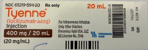 original Fresenius Kabi, an operating company of the Fresenius Group, is recalling one lot of Tyenne® (tocilizumab-aazg) Injection 400 mg/20 mL (20 mg/mL)20 mL vials to the user level.