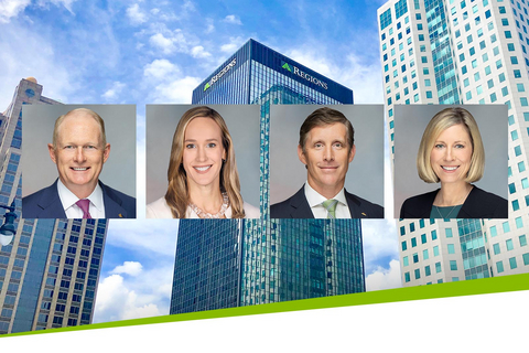Dave Keenan, left, will be succeeded as Regions Chief Administrative Officer by Kate Danella, pictured second from left. John Jordan, pictured third from left, will succeed Danella as head of Consumer Banking for Regions. Chief People Officer Angela Santone, right, will begin reporting directly to Regions Chairman, President, and CEO John Turner.