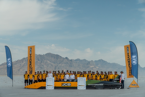 The JCB Hydromax at the official FIA Post-Record Award Presentation, receiving the FIA Trophy and FIA Land Speed Record Certificate after achieving a record speed of 406.320 mph and setting a new FIA World Land Speed Record for a hydrogen-powered vehicle.