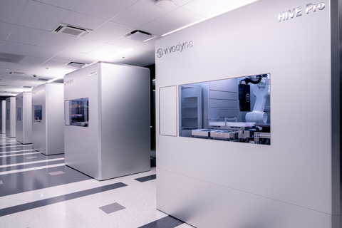 original A row of automated human-tissue testing machines in Vivodyne's Human Datacenter.