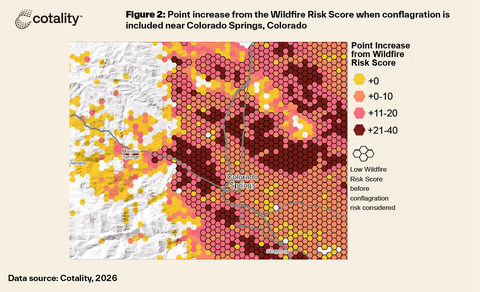 thumbnail Point increase from the Wildfire Risk Score when conflagration is included near Colorado Springs, Colorado
